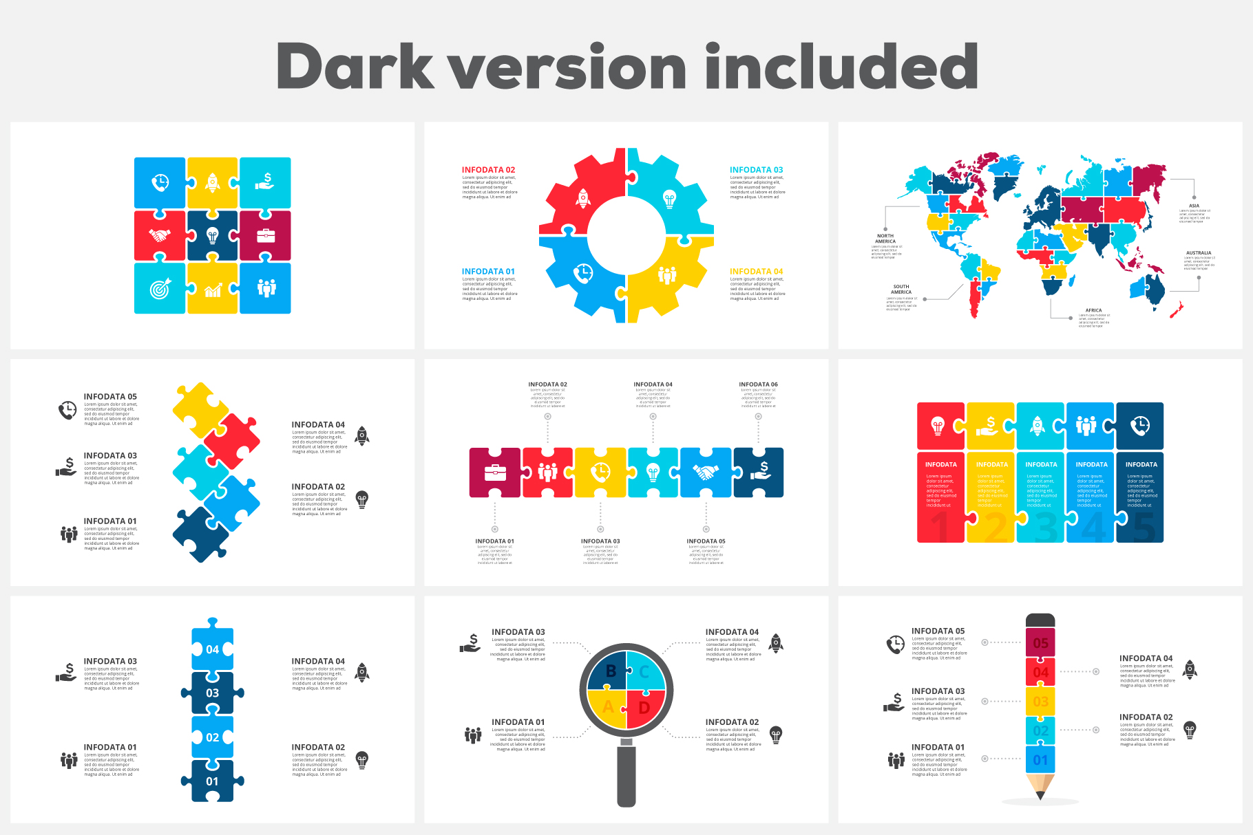 28 Puzzle Animated Infographics: Powerpoint Puzzle Template XML AI