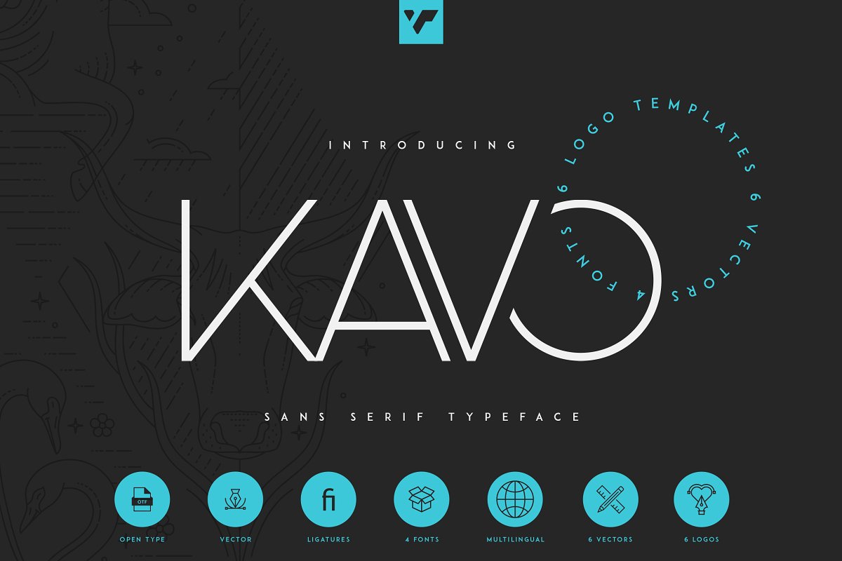 Kavo is clean, modern typeface with 4 weight, ligatures, 6 awesome vector designs, 6 logo templates and multilingual support.
