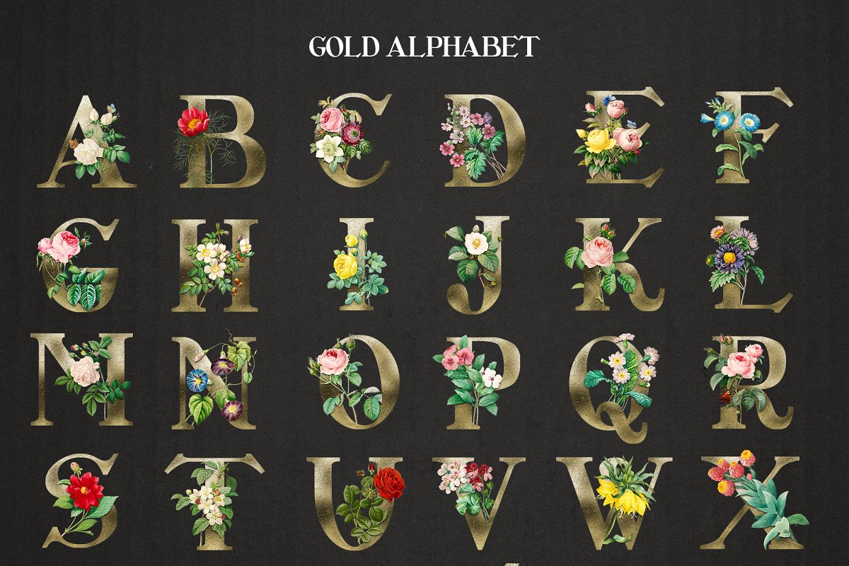 Gold flowers alphabet.