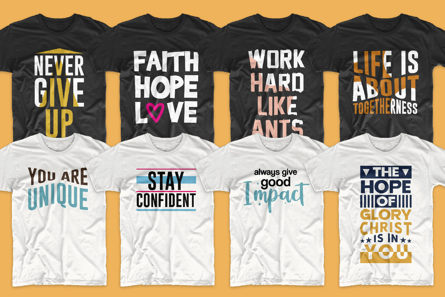 This set contains only black and white T-shirts with different colored lettering.
