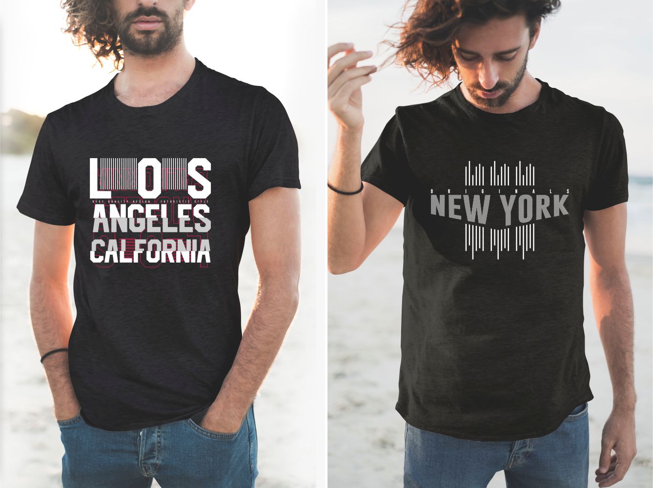 Two black T-shirts with the words New York and LA.