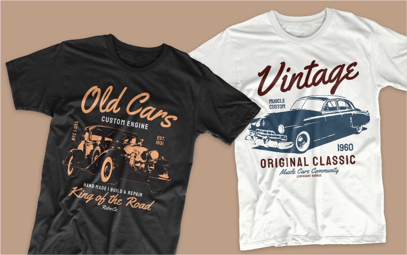 Black and white T-shirts featuring vintage cars.