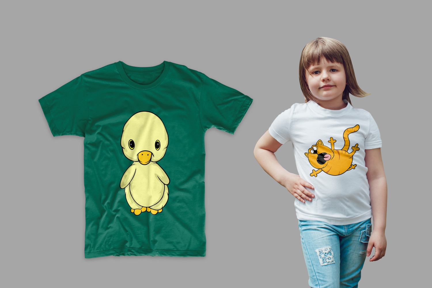 T-shirt green with a chicken and a cat on the girl.