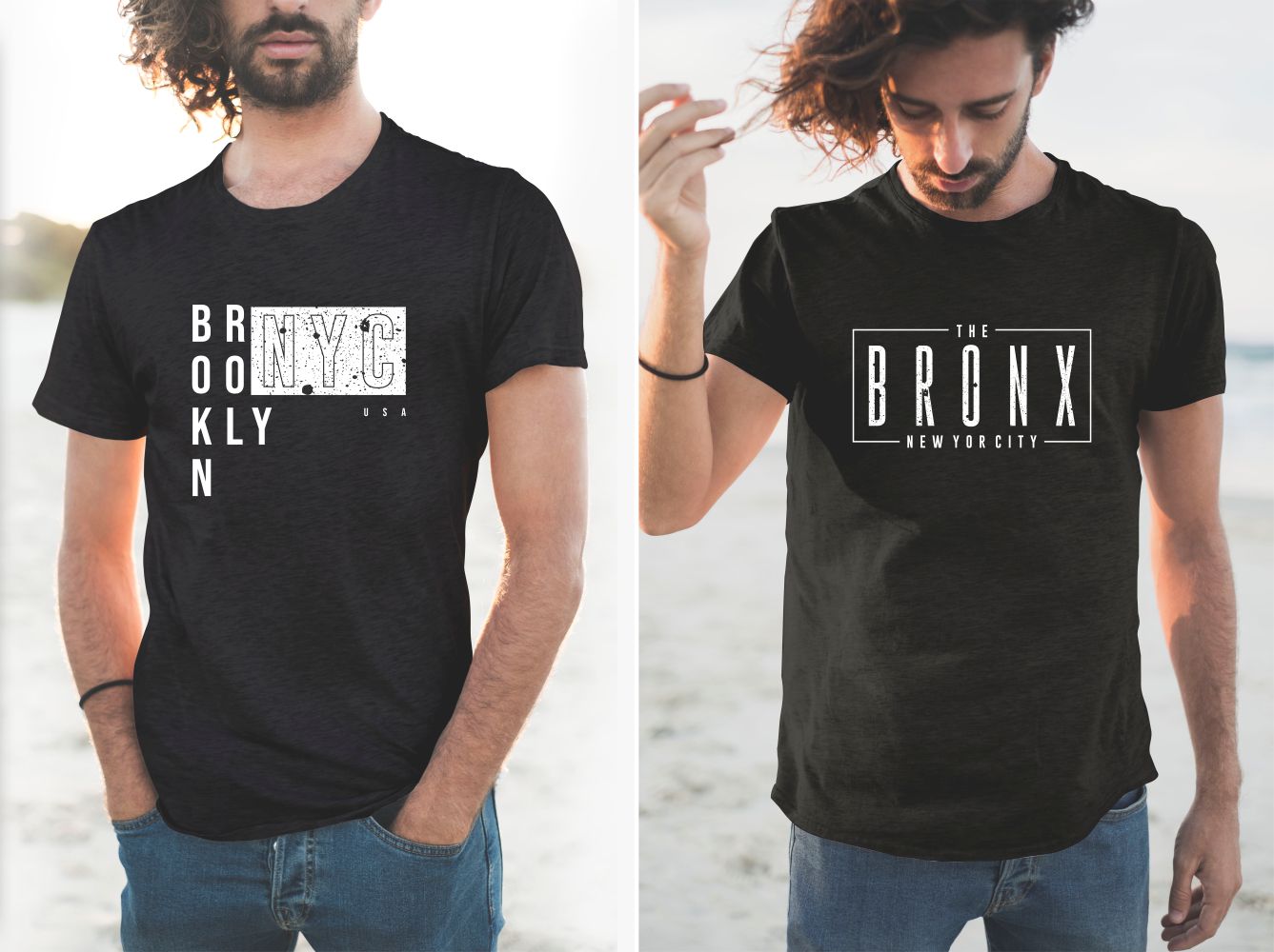 Two black T-shirts with the name of the New York Borough.