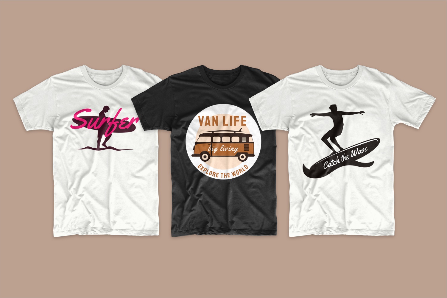 Stylish T-shirts with fresh designs. Depicted are surfers and a brown hippie van.