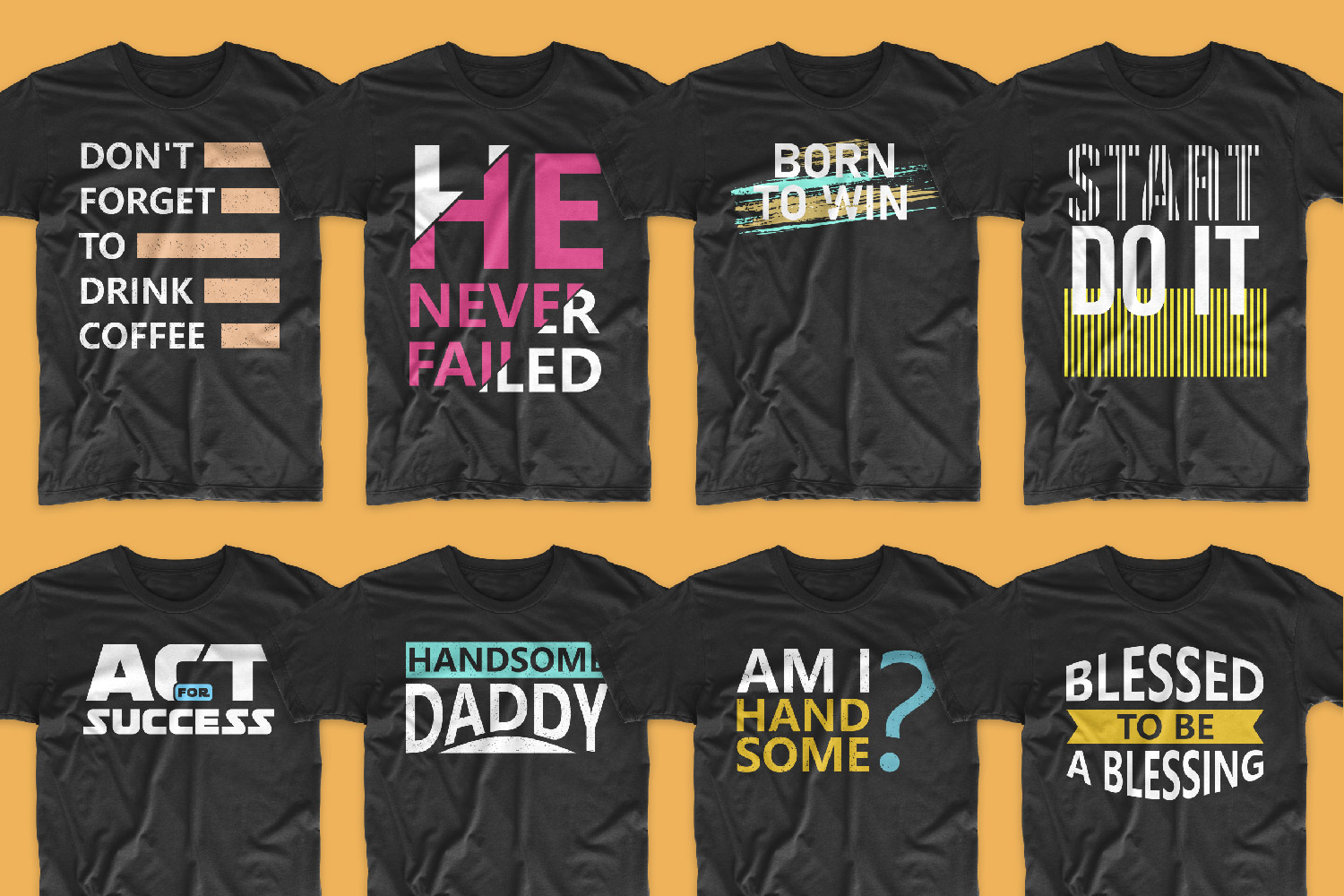 Collection of black T-shirts with graphics and phrases.