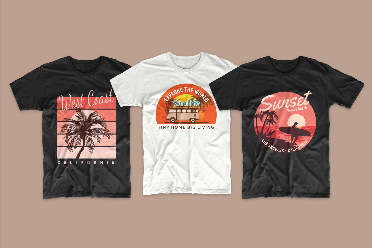 T-shirts featuring palm trees and surfers.
