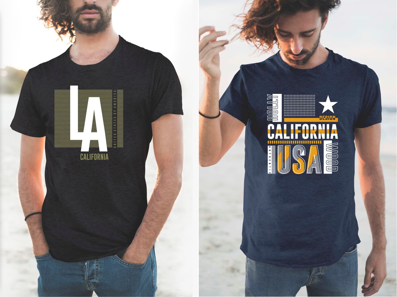 Black and blue T-shirts with embossed original design of the California name.