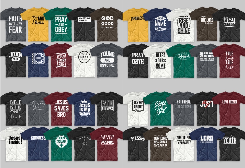 T-shirts with different fonts, graphic elements, but on the same theme - Christianity.