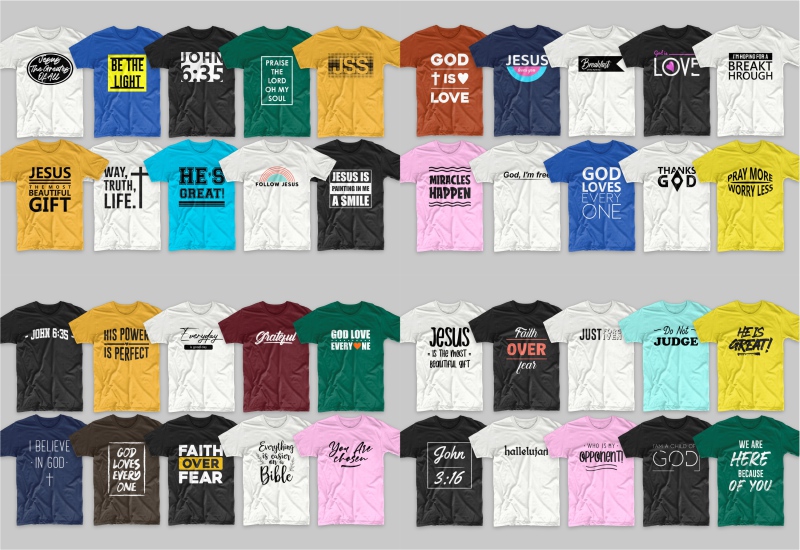 A set of multi-colored T-shirts with different inscriptions and fonts.