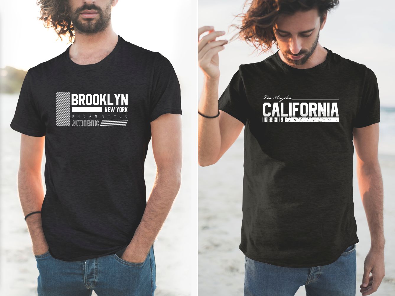 The black T-shirts are embossed with white California and Brooklyn.