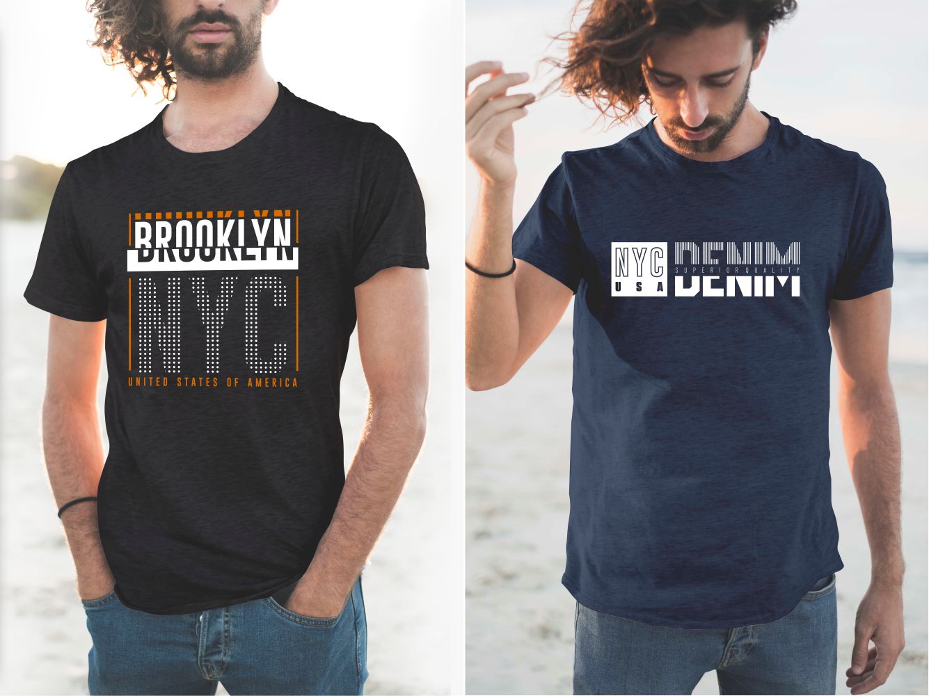Blue and black T-shirts with original lettering.