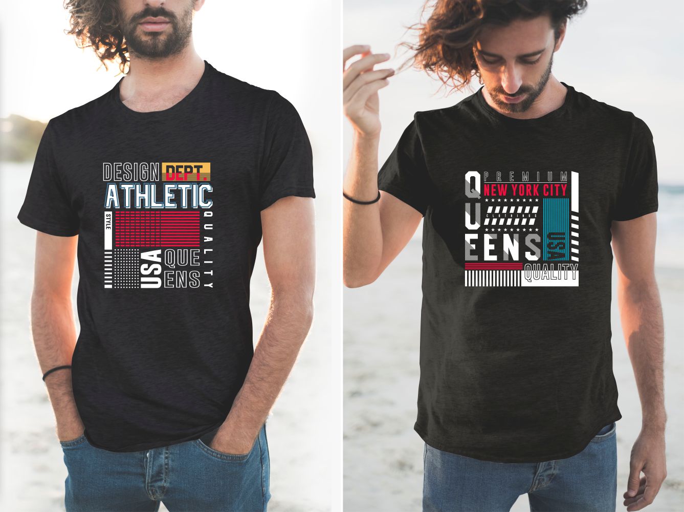 Black men's T-shirts with a round neck and a square with bright small details.