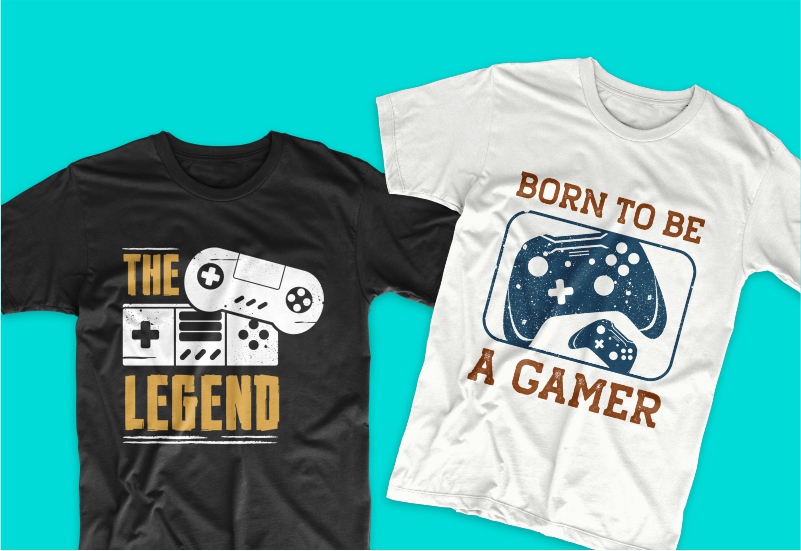 Two t-shirts from 50 gamer t-shirt designs bundle.