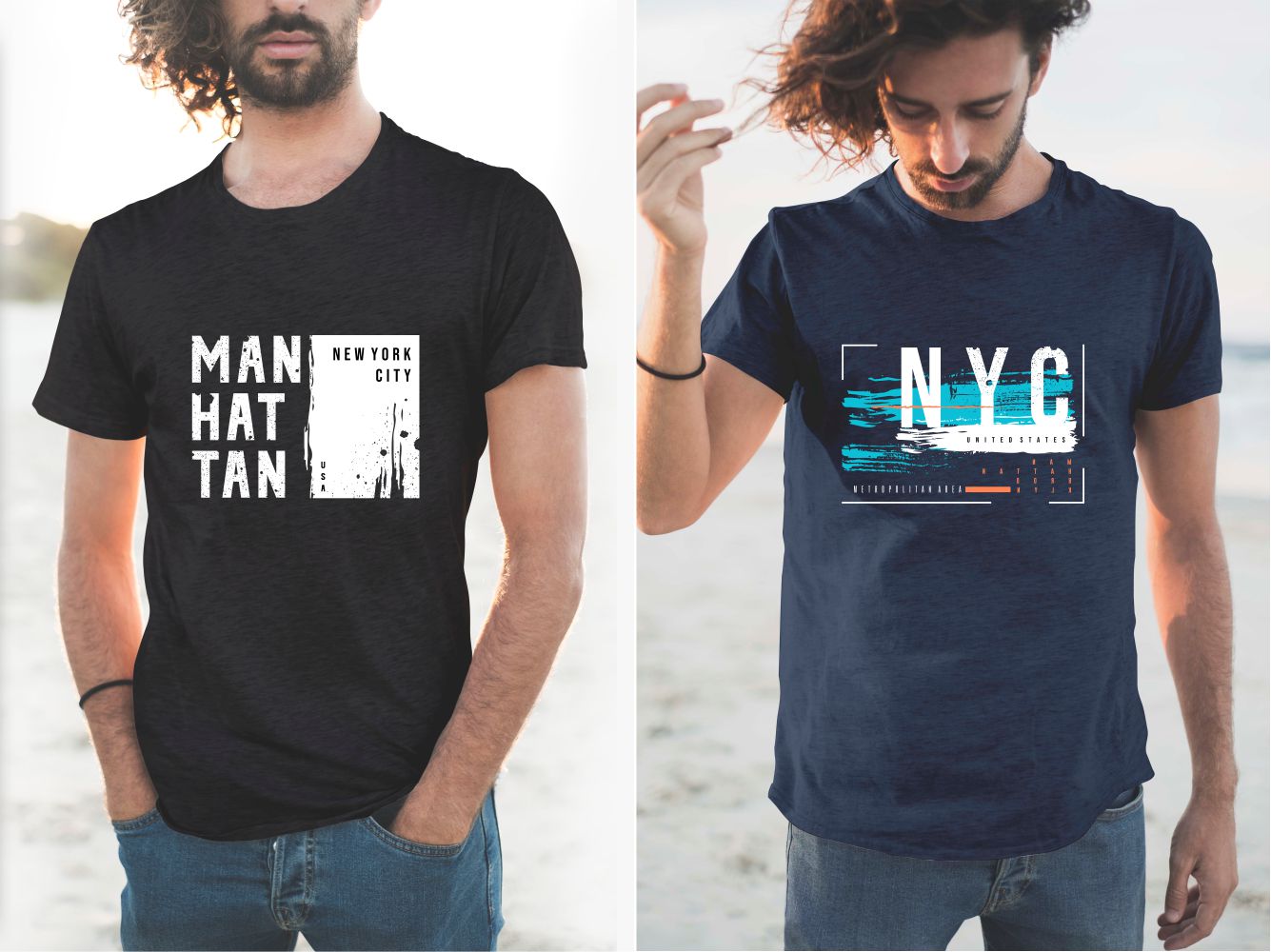 T-shirts with the colorful lettering of NYC districts.