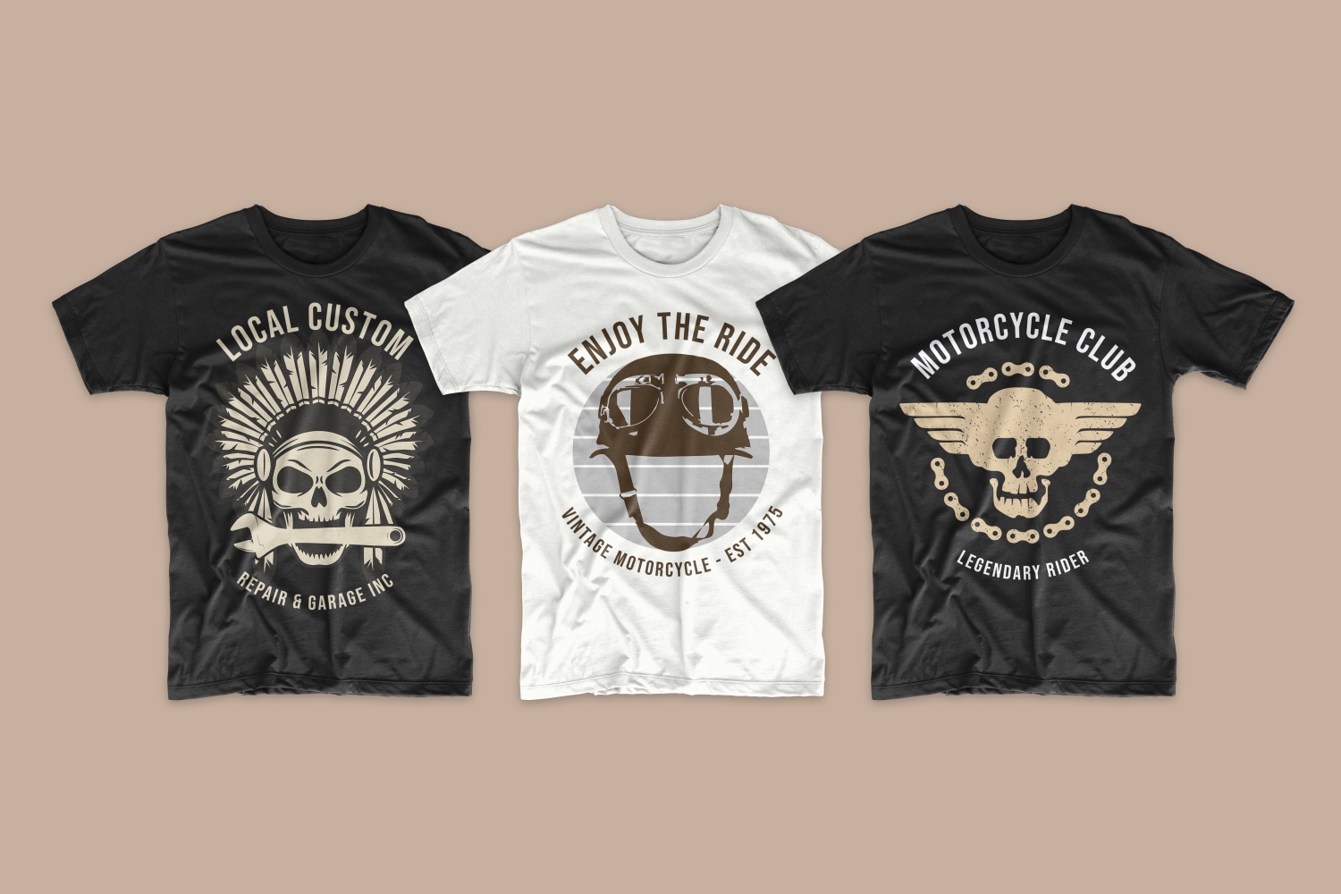 T-shirts featuring a retro motorcycle helmet and a skull with Native American feathers.