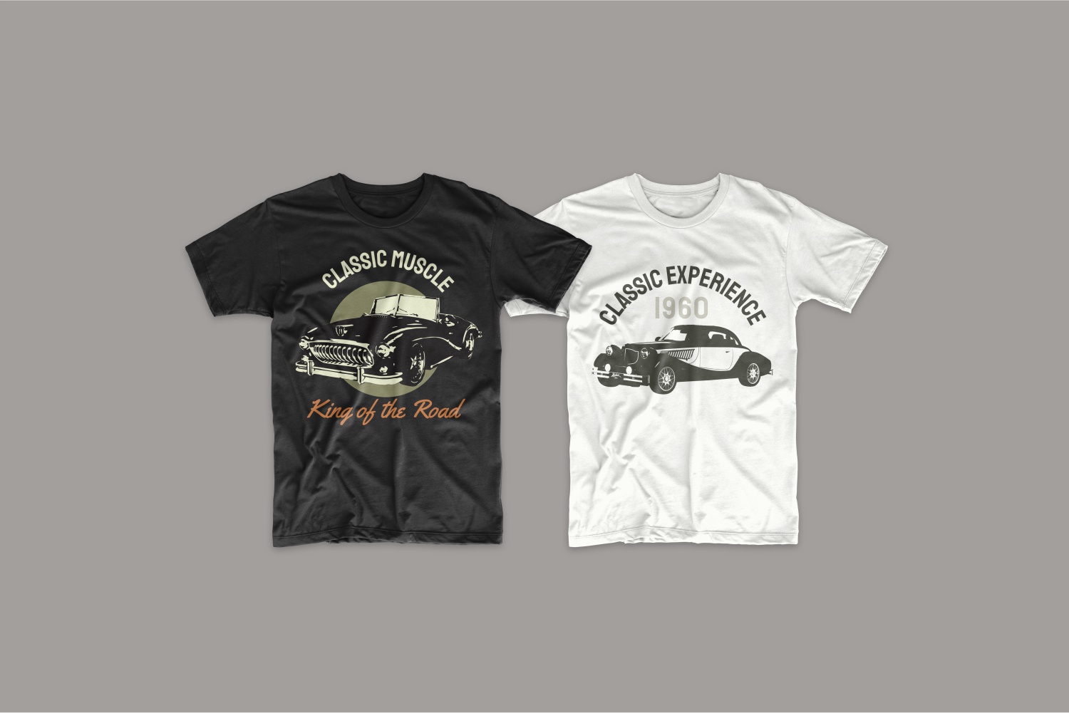 Two T-shirts - black and white with vintage cars.