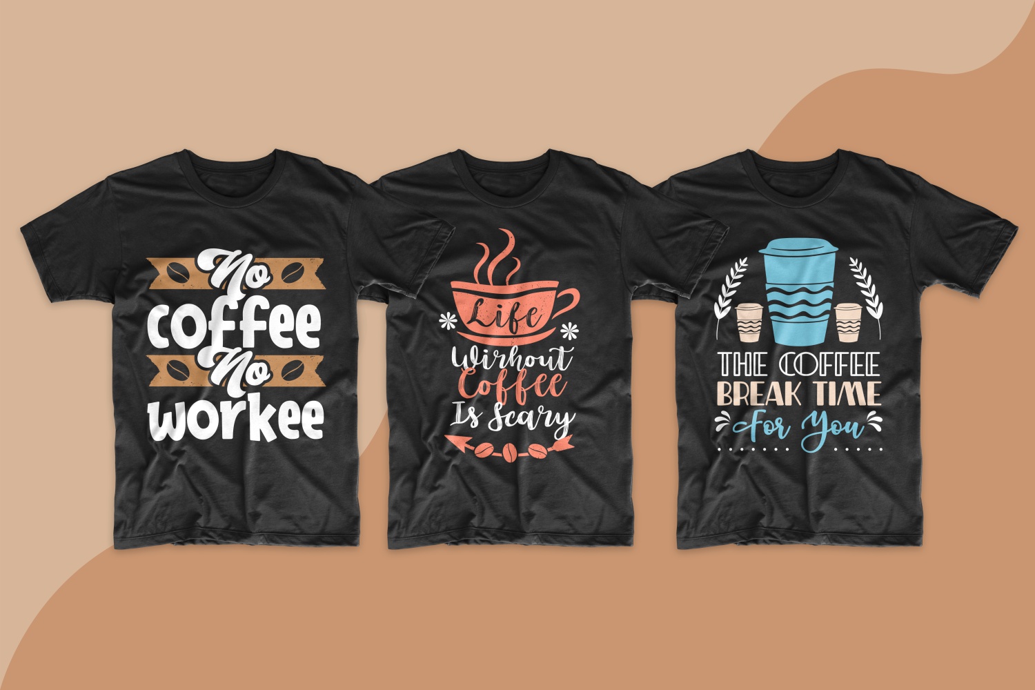 Black T-shirts with cups of coffee of different colors and the importance of coffee in human life.