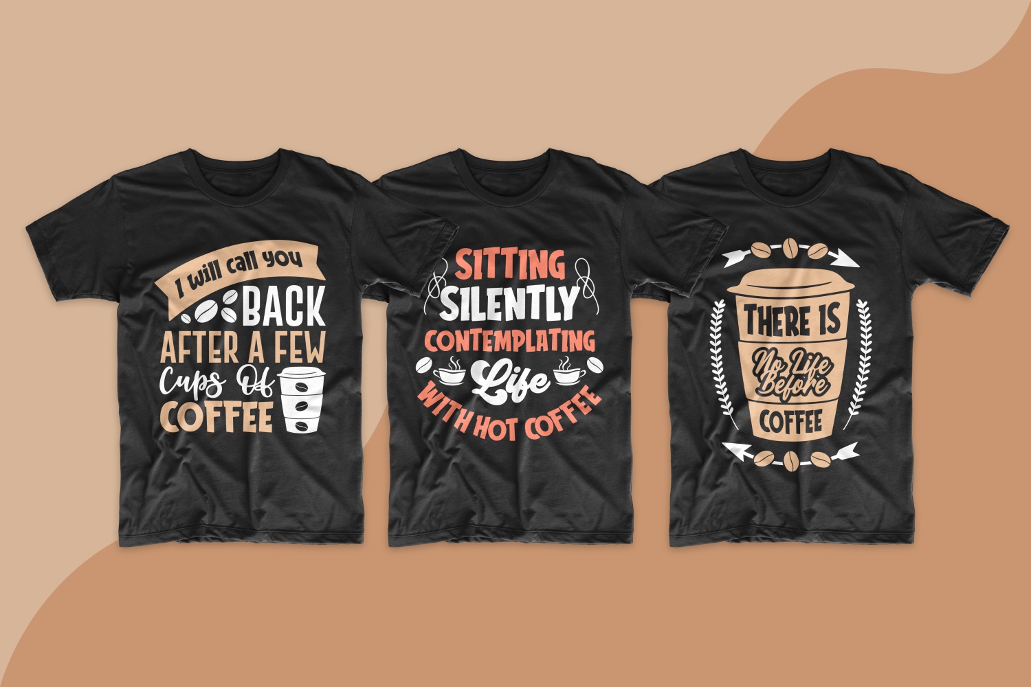 Stylish black T-shirts with various designs on the coffee theme.