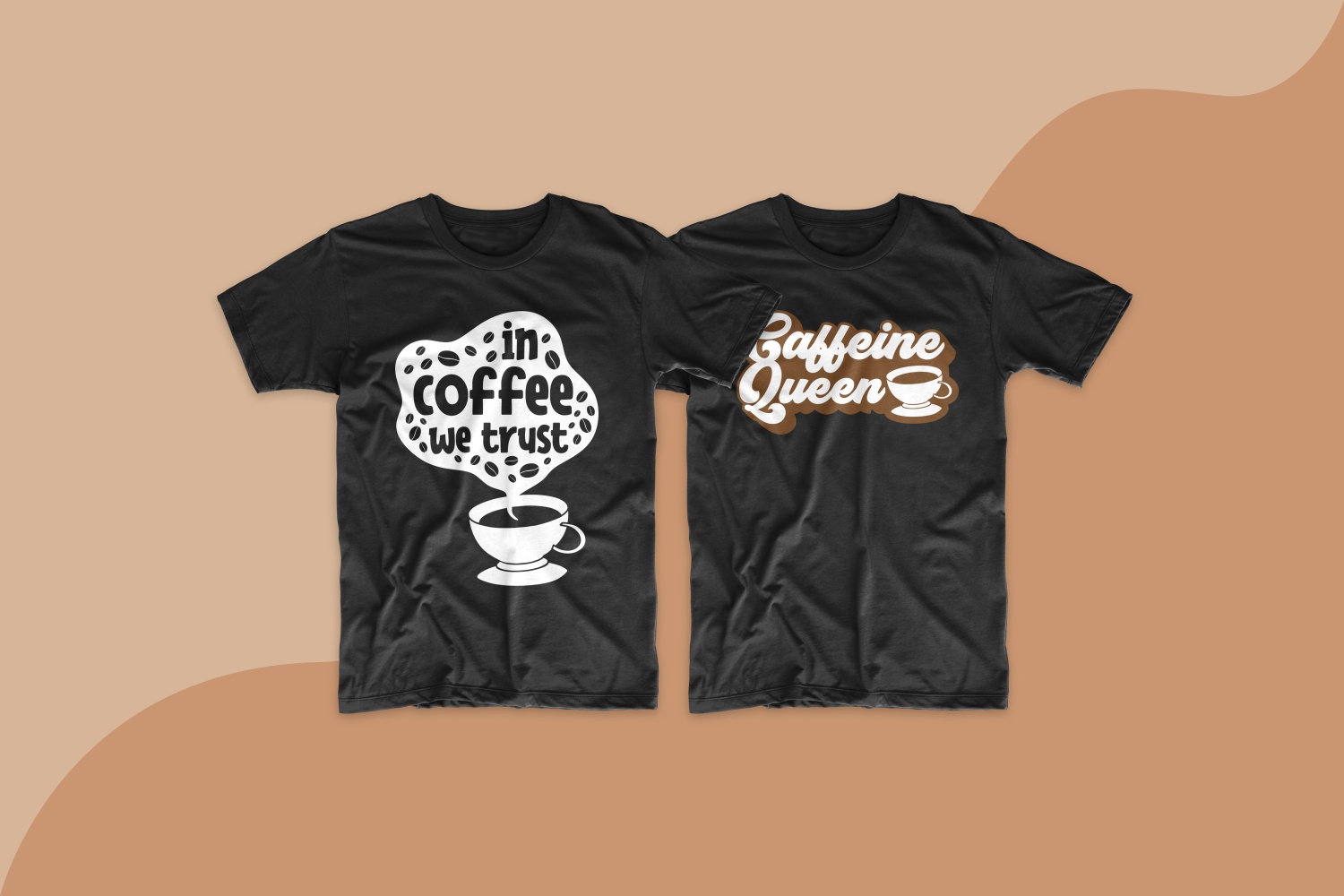 Two black T-shirts with a cup of coffee and coffee beans.