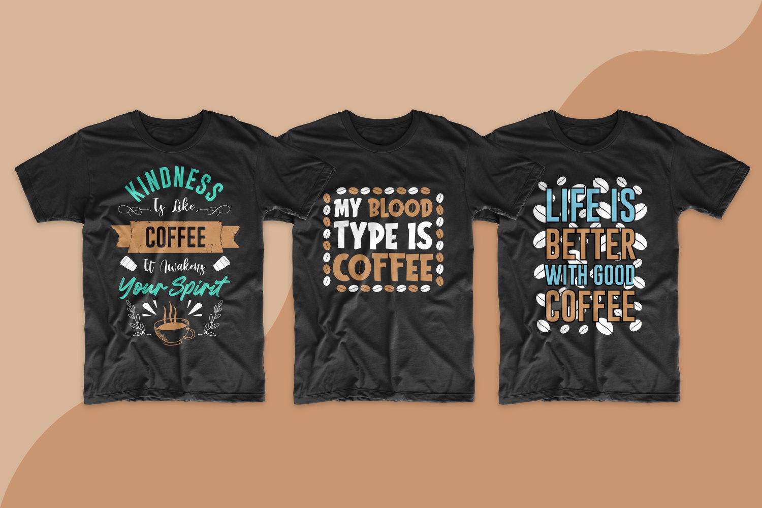 Classic men's T-shirts in dark color with red beans and funny coffee lovers' slogans.