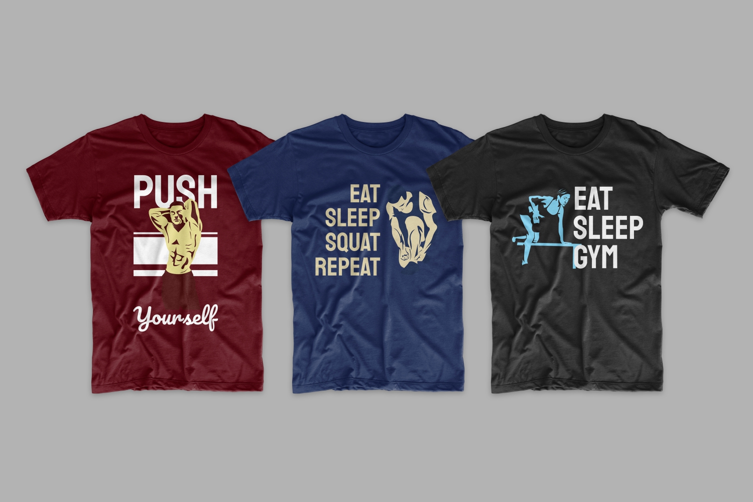 Three T-shirts: blue, burgundy and black with athletes from different sports and a motivating phrase.