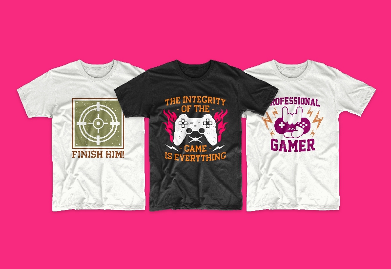 White and black T-shirts for gamers with interesting lettering and graphics.