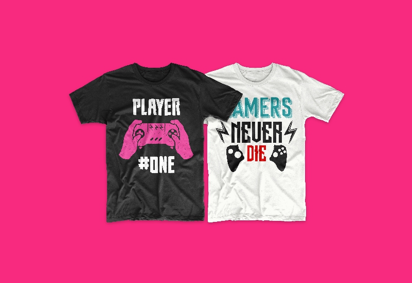 Two T-shirts in black and white with a picture of the console and a funny gamer's inscription.