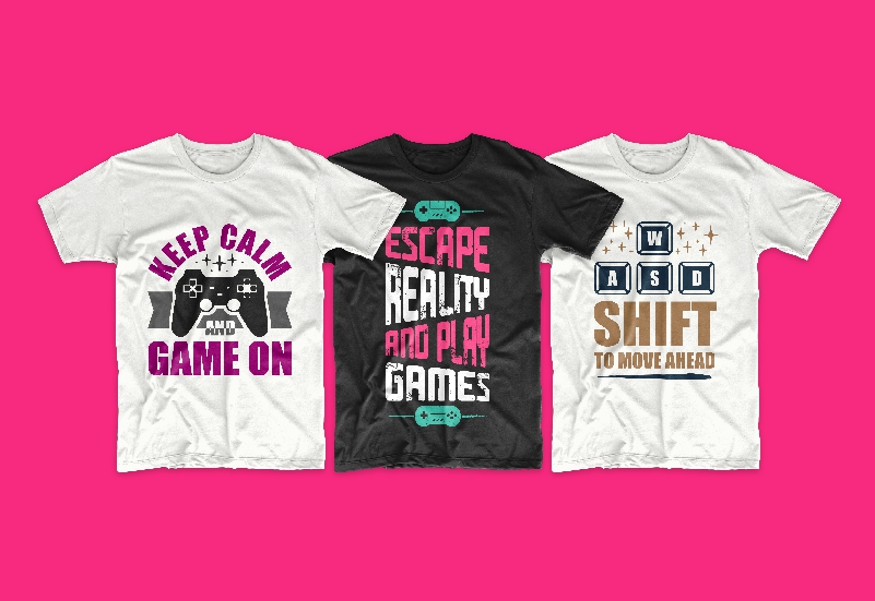 Black and two white T-shirts with funny gamer inscriptions.