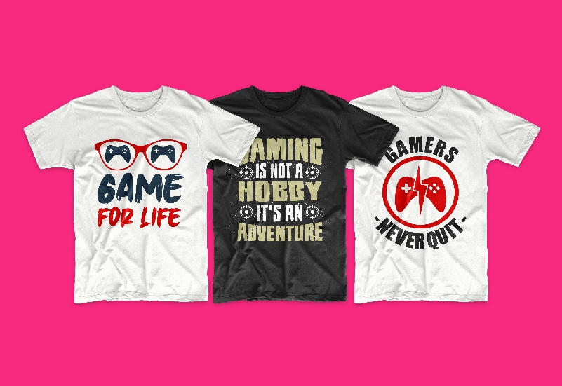 Two white and black T-shirts with bright and funny gamer graphics.