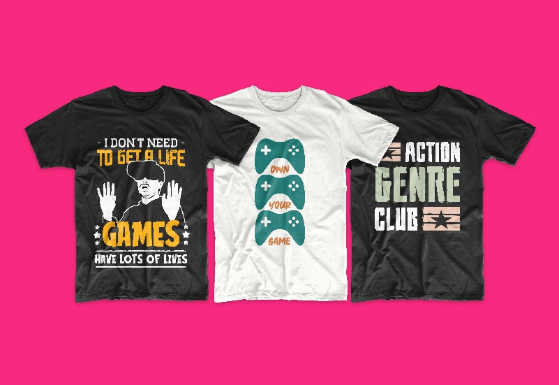 Two black and white T-shirts with funny gamer memes and inscriptions.