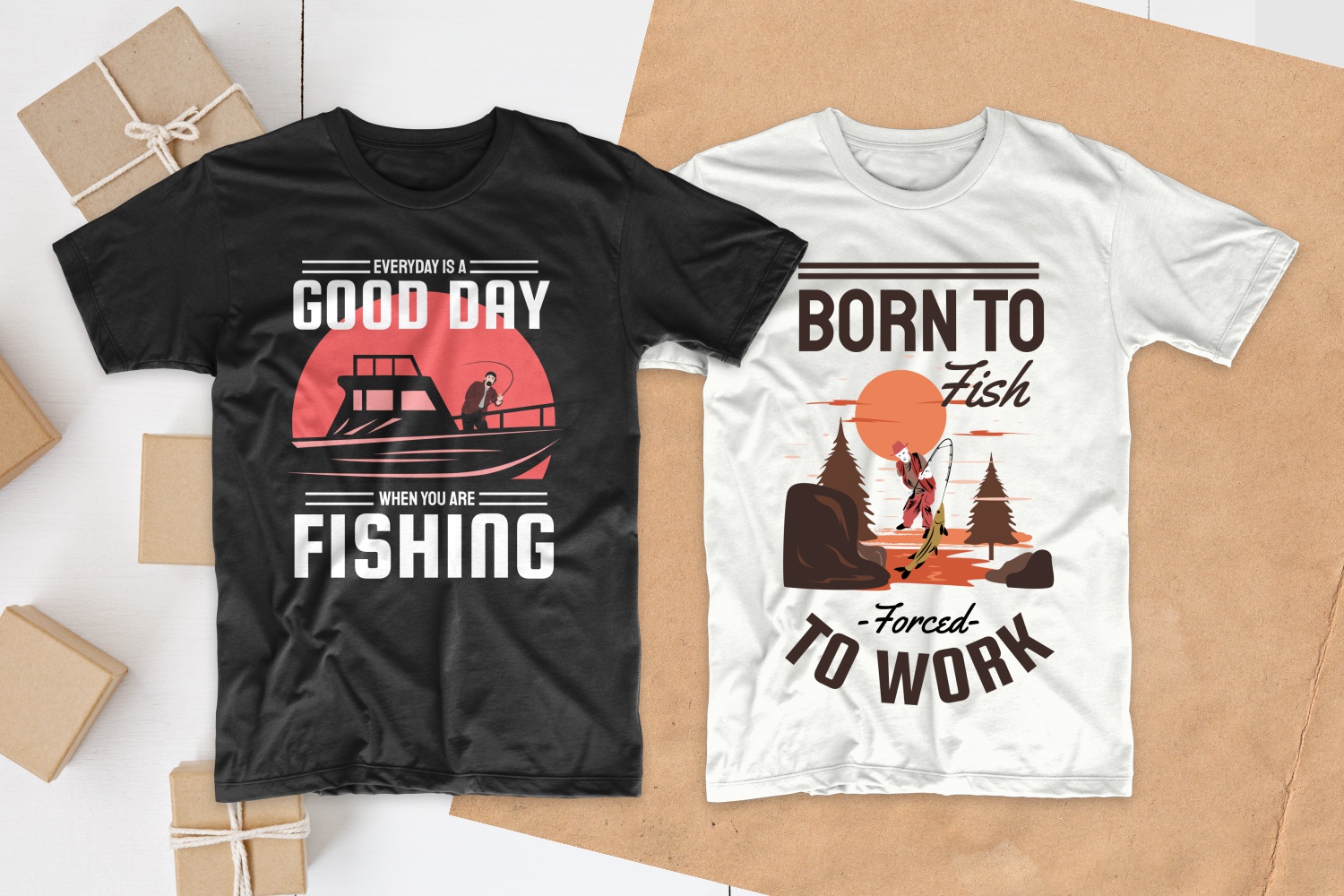Black and white T-shirts featuring fishermen.