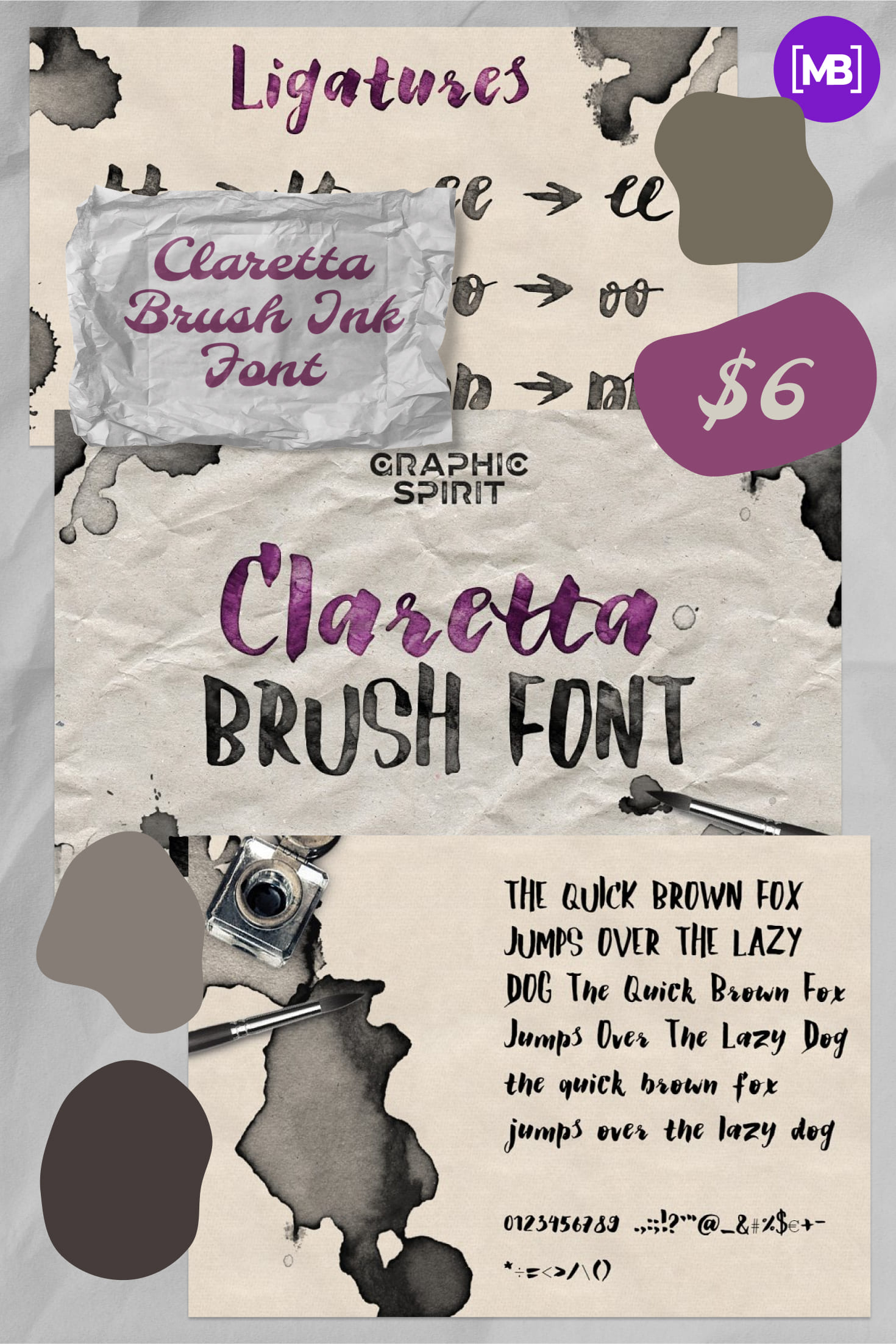 Pinterest Image: Claretta Brush Ink Font for $6 ONLY.