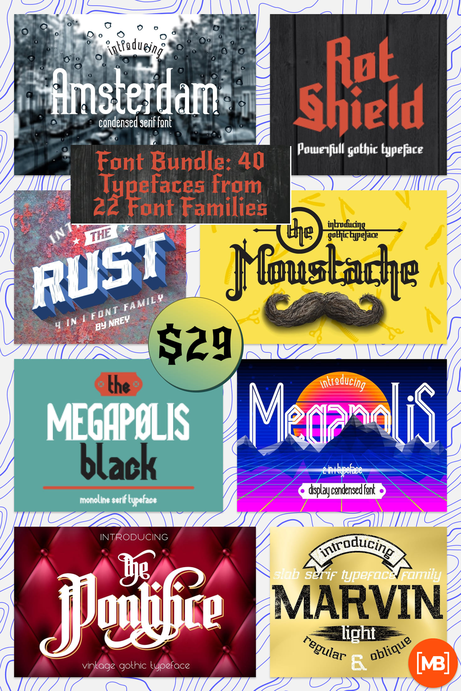 Pinterest Image: Font Bundle: 40 Typefaces from 22 Font Families.