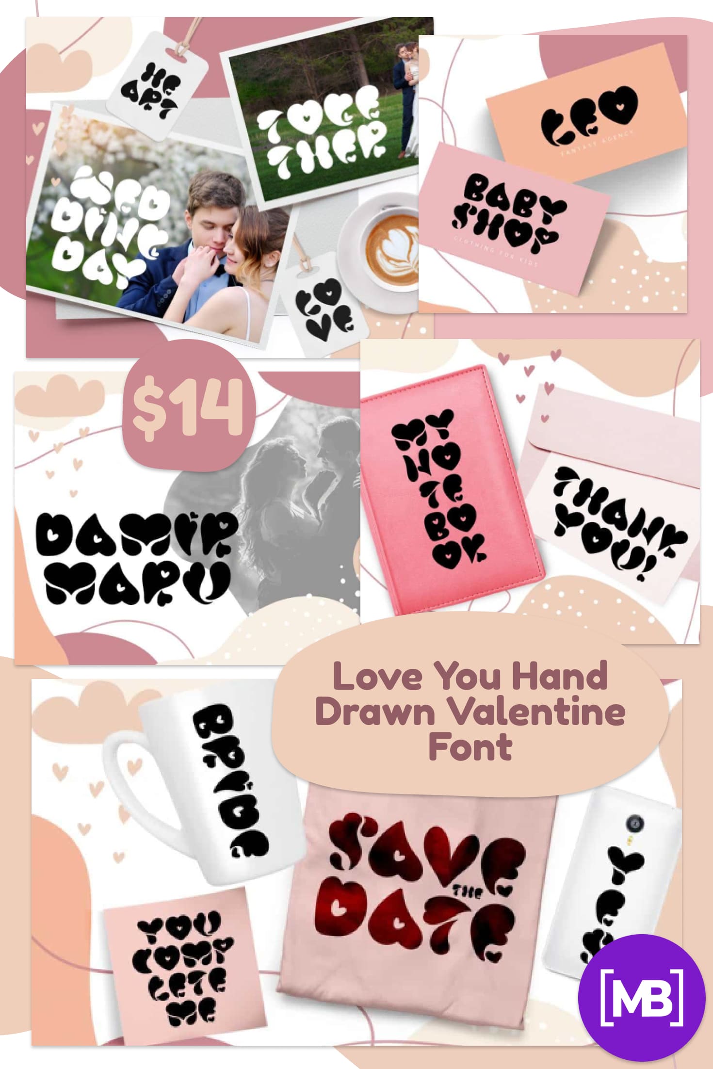 Pinterest Image: Best Font With Hearts. Love You Hand Drawn Valentine Font - $10.