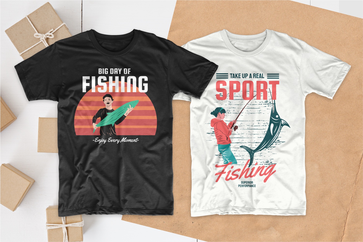 White and black T-shirts with fishing phrases and pictures.