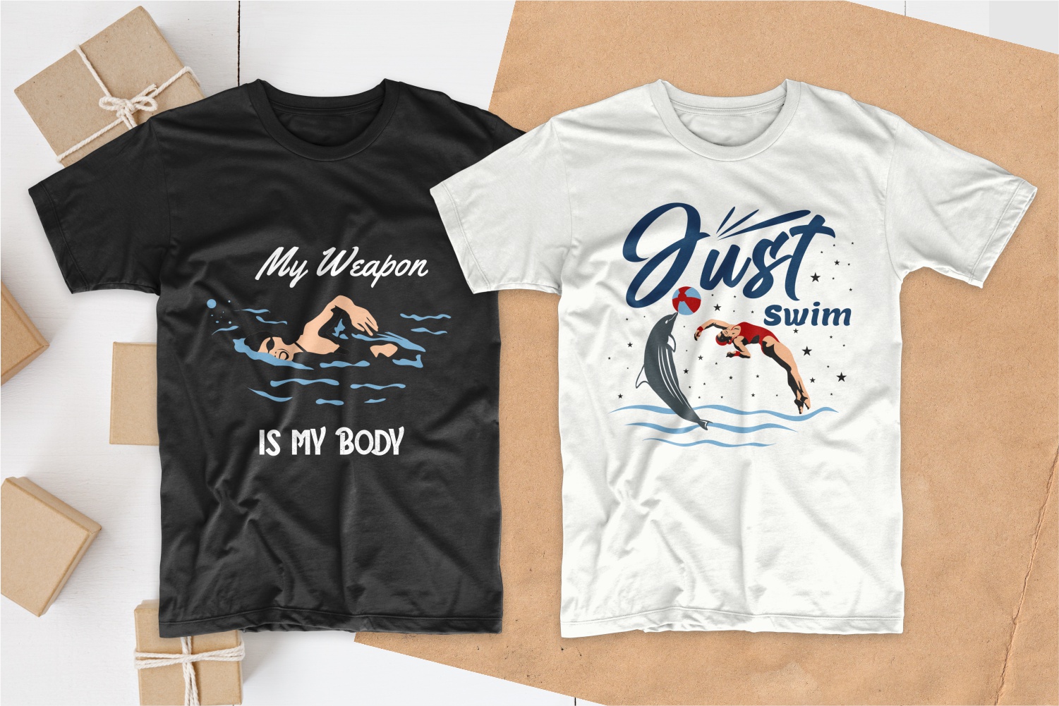 Black and white T-shirts with professional swimmers.