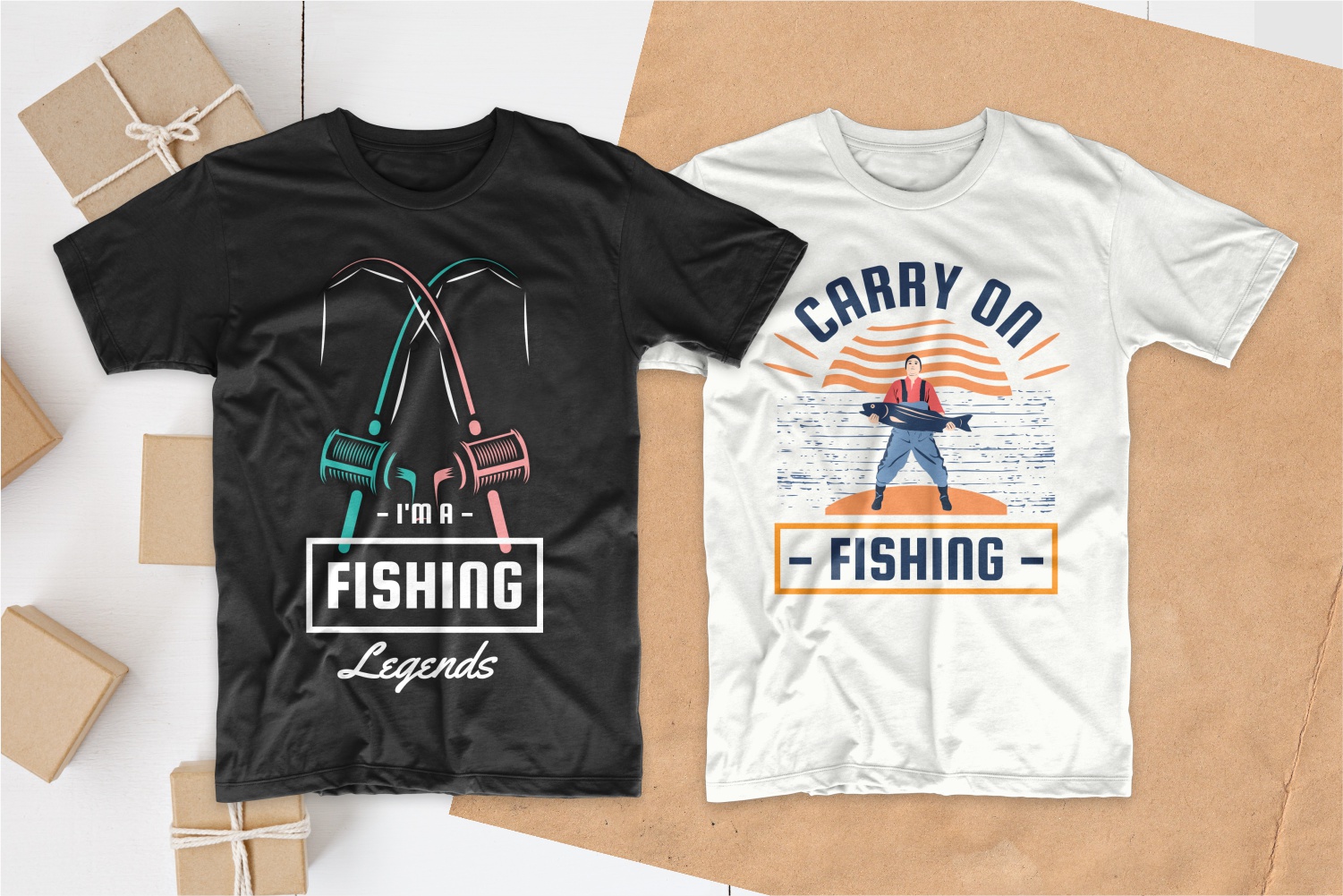 White and black T-shirts with pictures of fishing accessories.