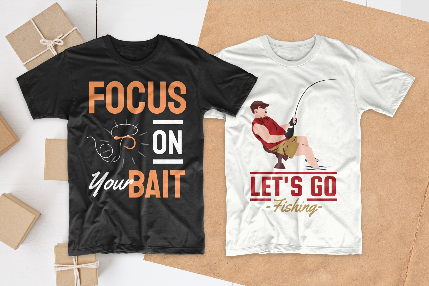 White and black T-shirts with bright and concise phrases about fishing.