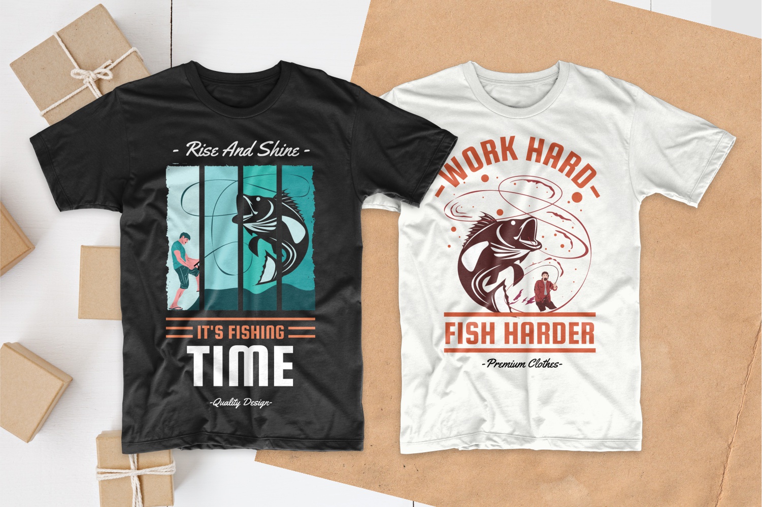 Black and white T-shirts depicting fishermen who have caught a huge fish.