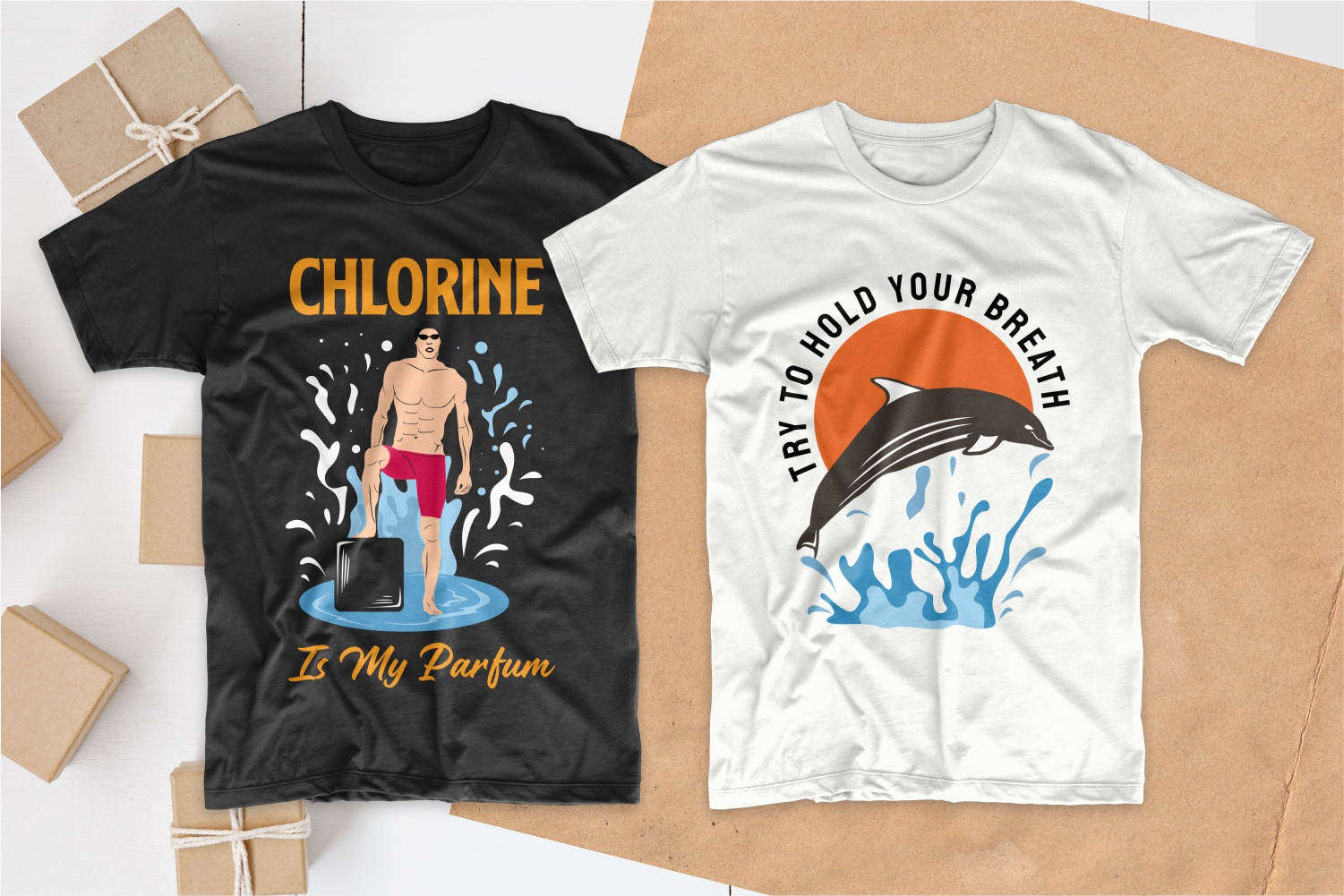 Two T-shirts - black and white with a swimmer in red swimming trunks and a brown dolphin at sunset.