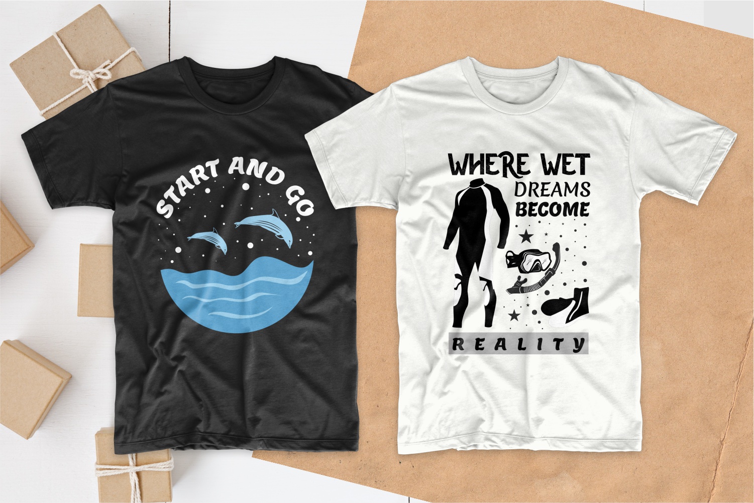 Two T-shirts - black and white with dolphins and a diving suit.