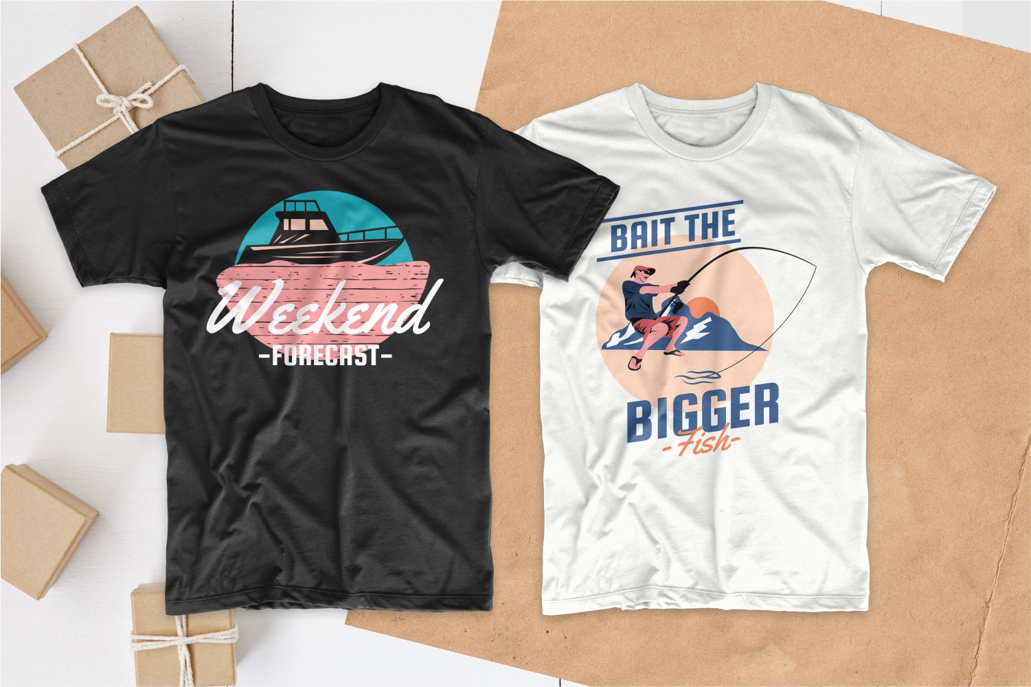 Fishing T-shirts with pastel graphics.