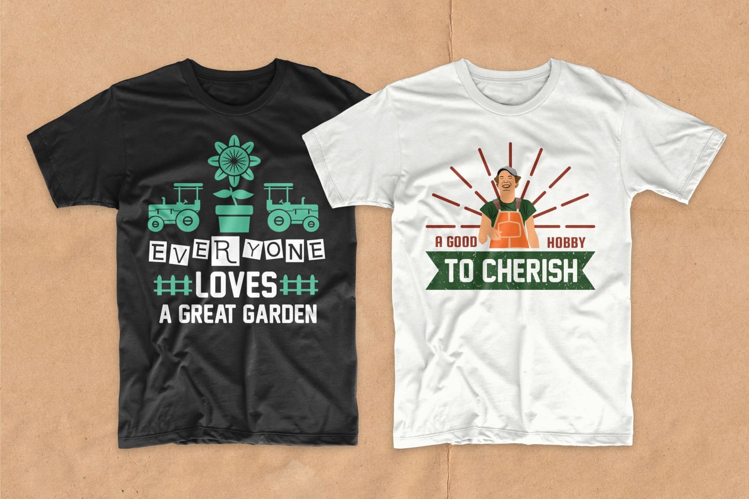 White and black T-shirts with a gardener and gardening tools.