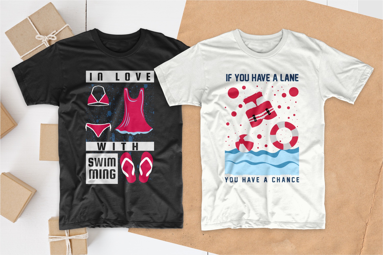 Two T-shirts - black and white with a pink swimsuit and life buoy. Swimming T-shirt Designs.