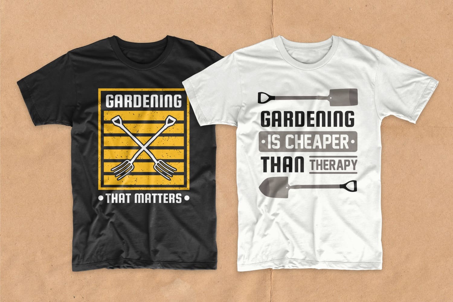 Black and white T-shirts with beautiful messages about the importance of gardening.