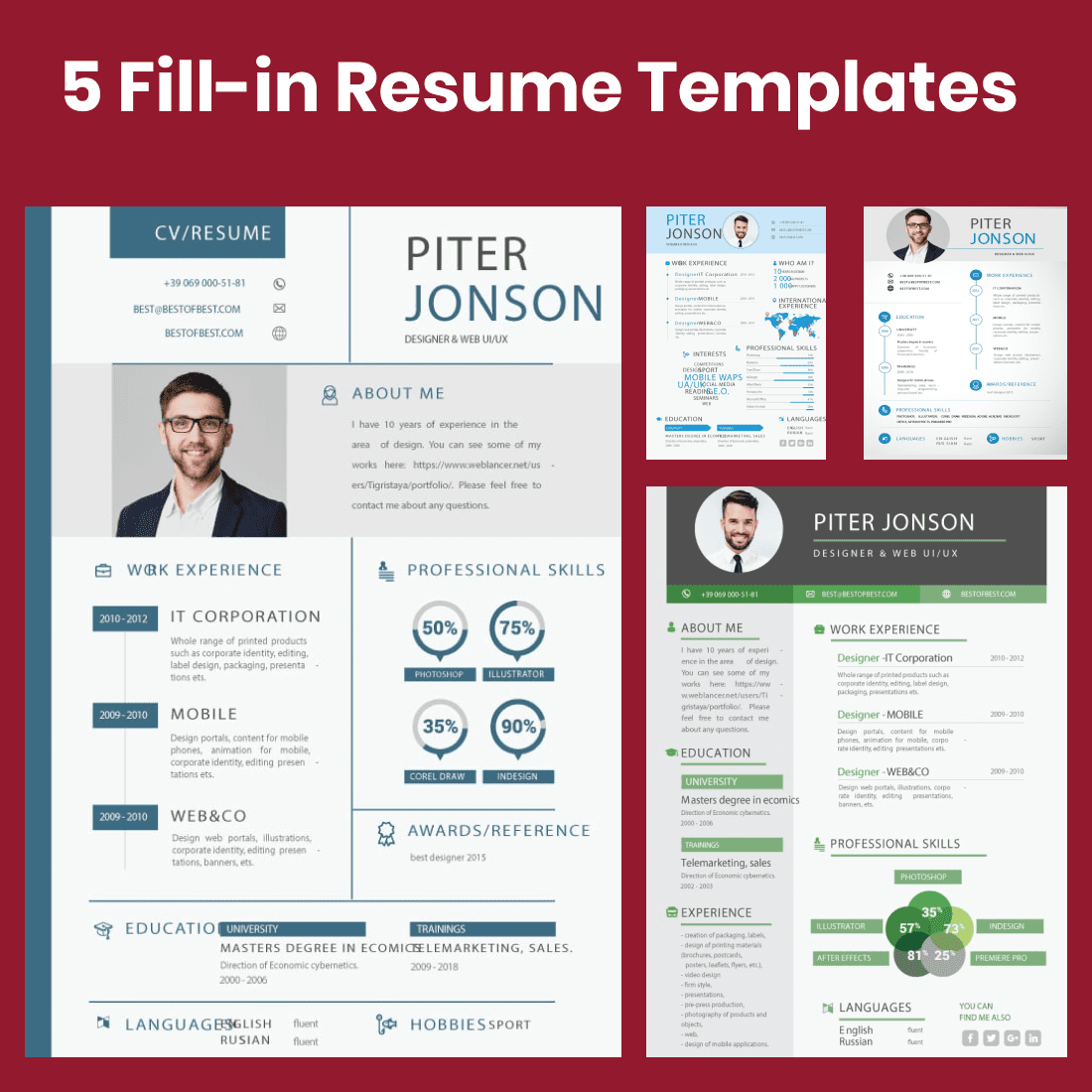 Set of five resume templates with a red background.