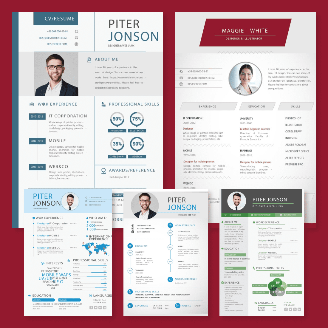 Set of three different resumes with a red background.