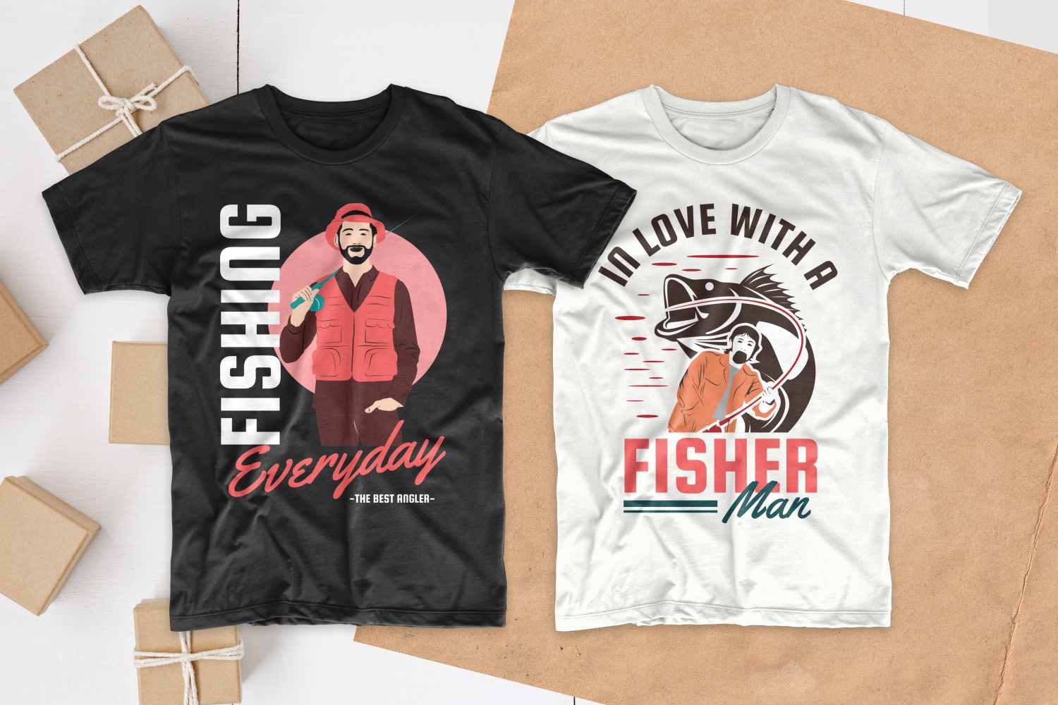Black and white T-shirts with a picture of fishermen and a beautiful stylish font.
