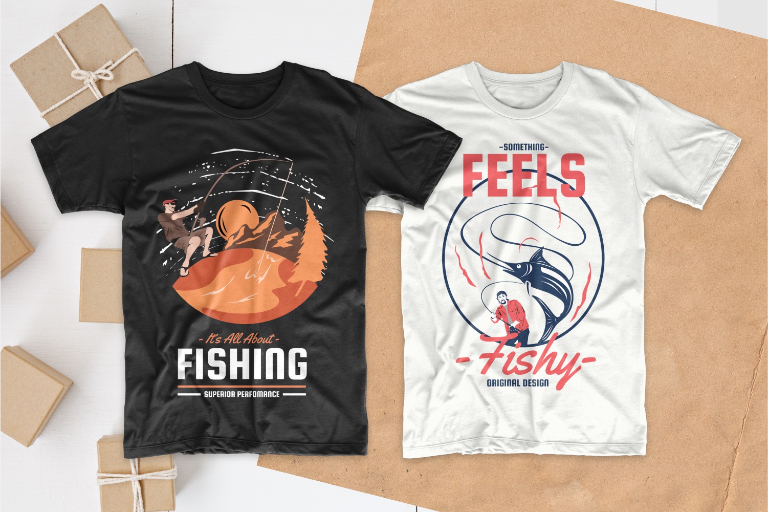 Black and white T-shirts with a picture of a fisherman trying to pull out a big fish.